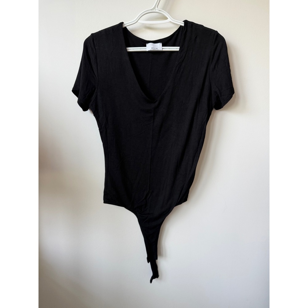 Olia Black Short Sleeve V-Neck Bodysuit Thong Snap Closure Size L 1811480